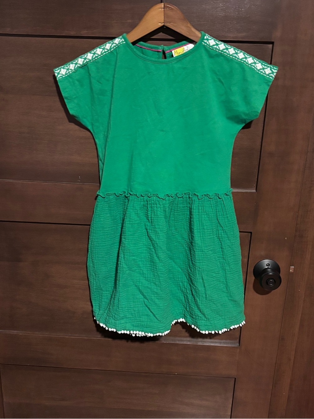 Mini Boden Green Short Sleeve Dress with Pom Trim